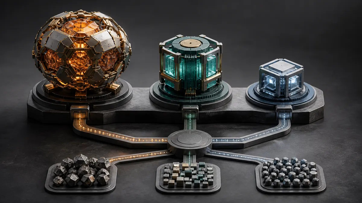 Three related computational cores representing GPT-5.6 Sol, Terra, and Luna routed by workload and cost